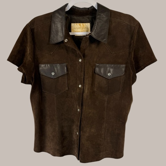 margaret godfrey Tops - Margaret Godfrey Vintage Brown Leather Short Sleeve Button Down Shirt L